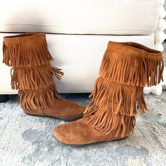 Brown Suede Western Boho Moccasin 3-Layer Fringe Boots Sz 9 - Picture 3 of 16